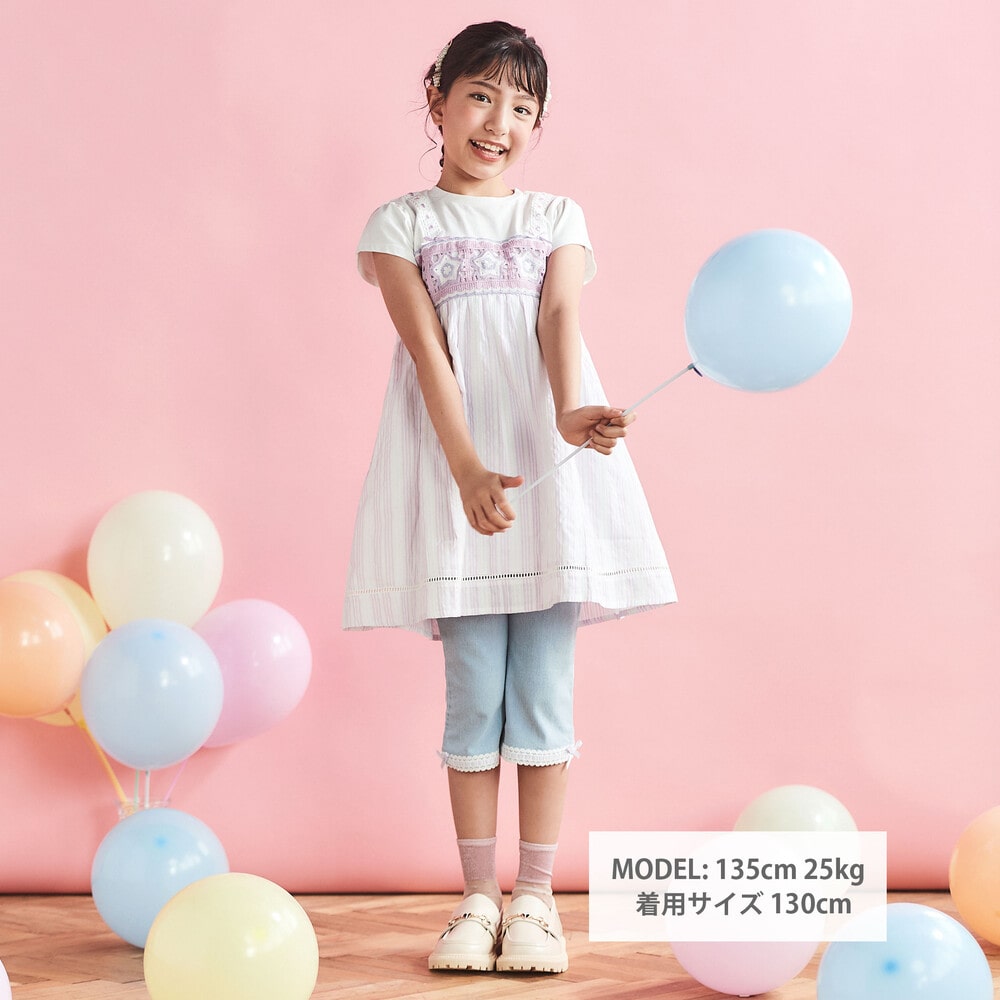 【お揃い】かぎ編み風レースビスチェドッキング天竺ワンピース(80~130cm) パープル系 80cm