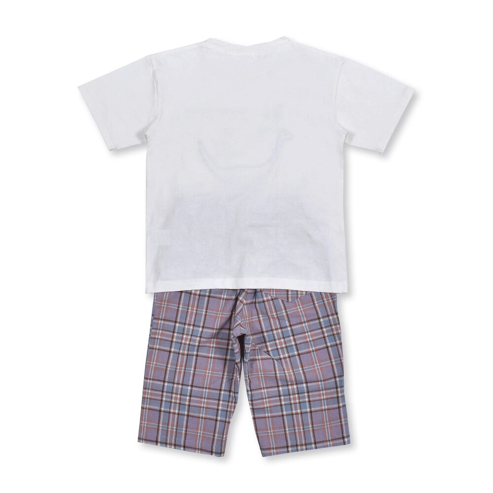 【 ママ想い 】 恐竜 プリント Tシャツ + チェック 6分丈パンツ セット (80~130cm) ホワイト 130cm