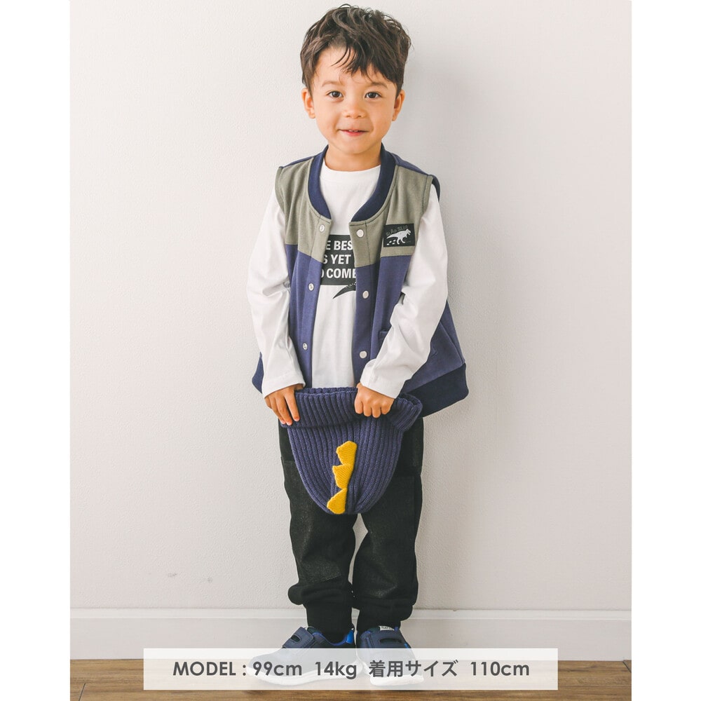 2点セット 恐竜 ロゴ プリント Tシャツ × 配色 切り替え ベスト (80~130cm) ネイビー 100cm