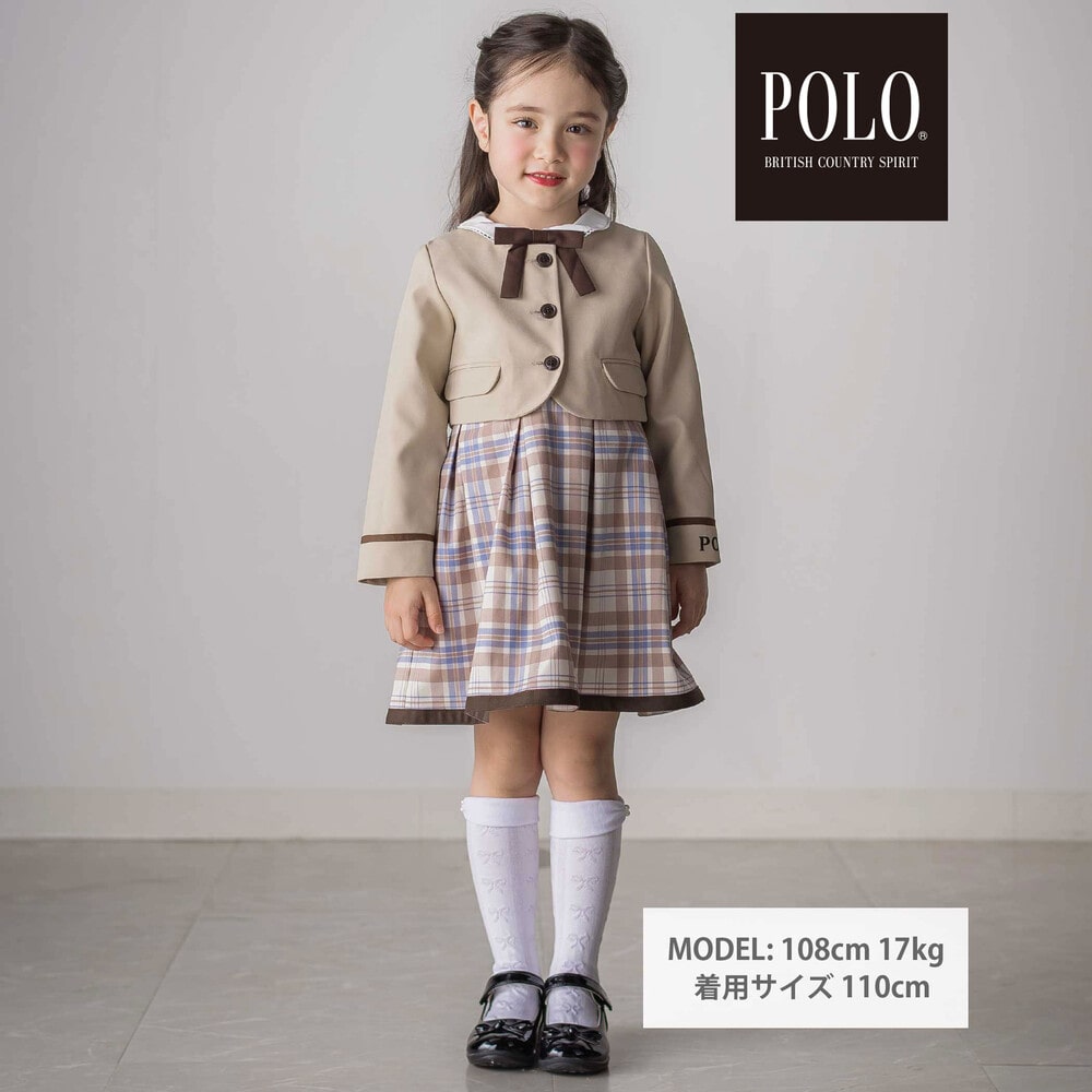 【POLO BCS(ポロ・ビーシーエス)×SLAP SLIPコラボ】袖切り替えジャケット+襟リボン付きチェックワンピース(110~130cm) ベージュ系 110cm