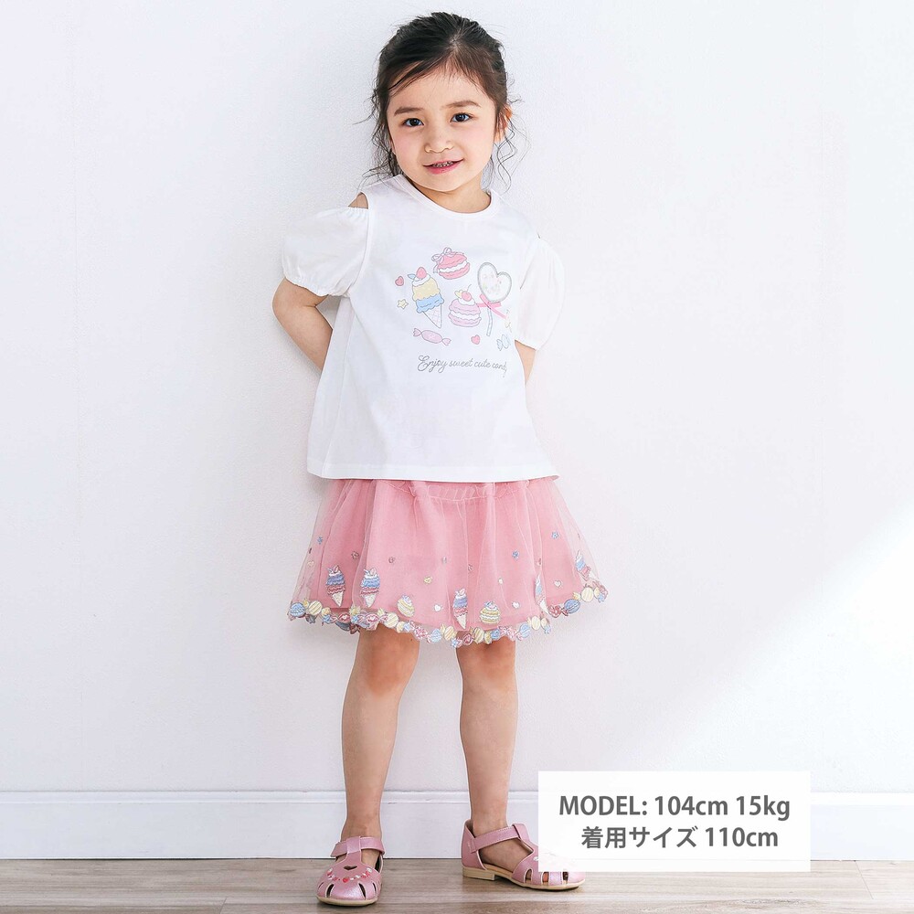 スイーツ刺しゅう肩開き半袖Tシャツ&スカパンセットアップ(80~130cm) ホワイト 80cm