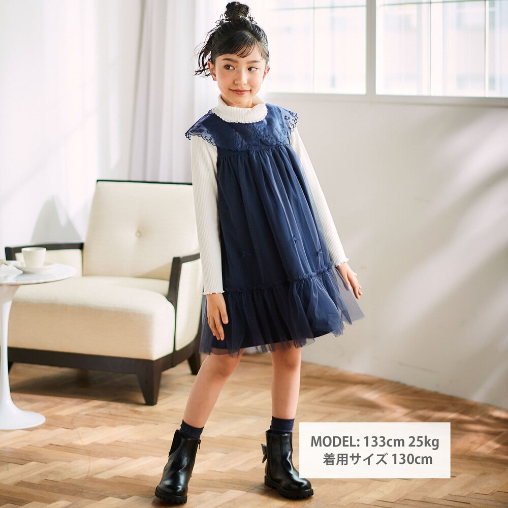 ハート音符刺しゅうオーガンジービッグカラーワンピース(80~130cm) ネイビー 80cm