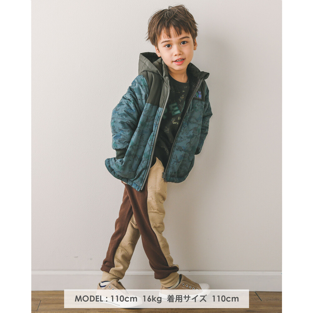 取り外し可能 フード 付き 恐竜 総柄 プリント 裏ボア タフタ ジャケット (80~130cm) ベージュ系 90cm