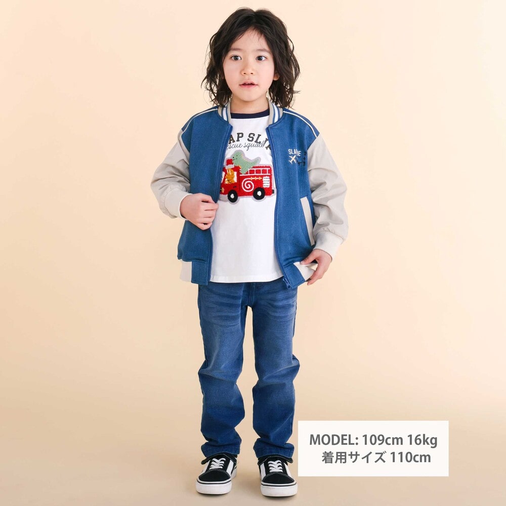 恐竜ロゴ刺しゅうデニム風ニットスタジャン(90~130cm) ブルー 90cm