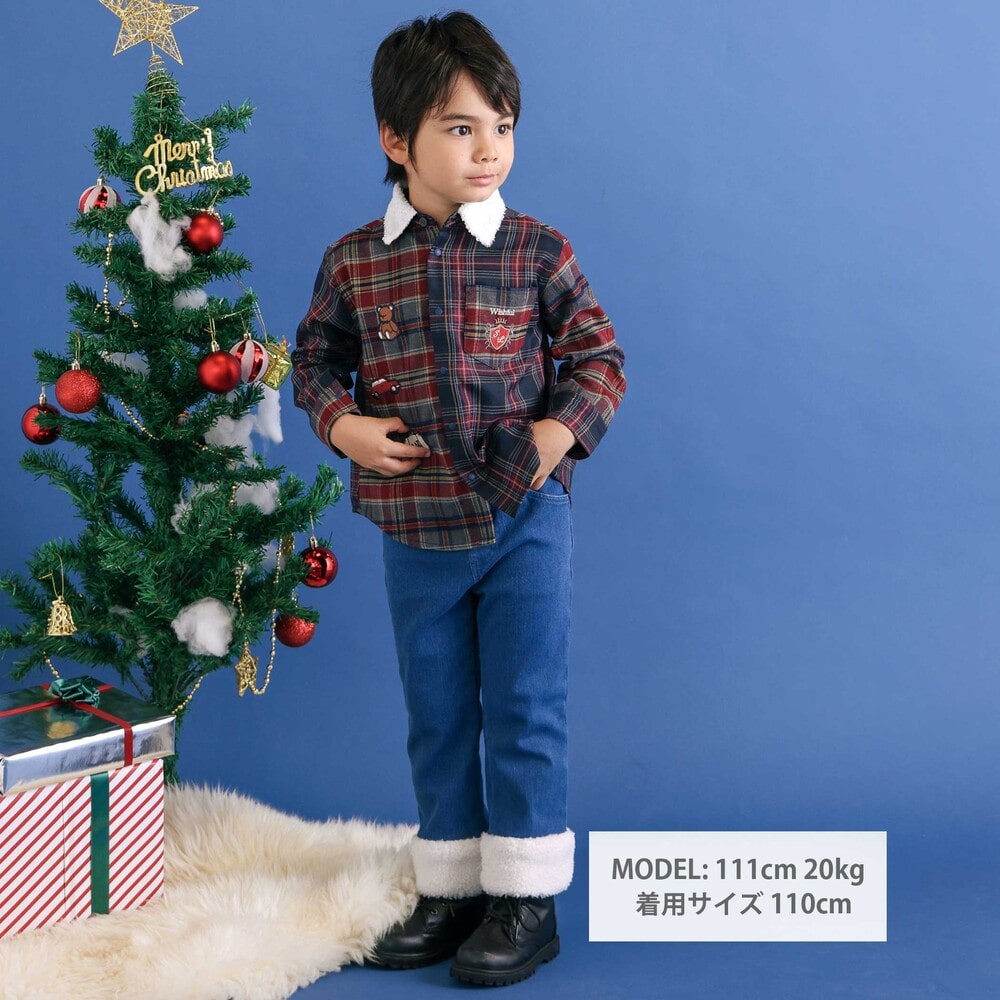 【お揃い】もこもこボア襟切り替えチェックシャツ(90~130cm) ネイビー×レッド系 90cm