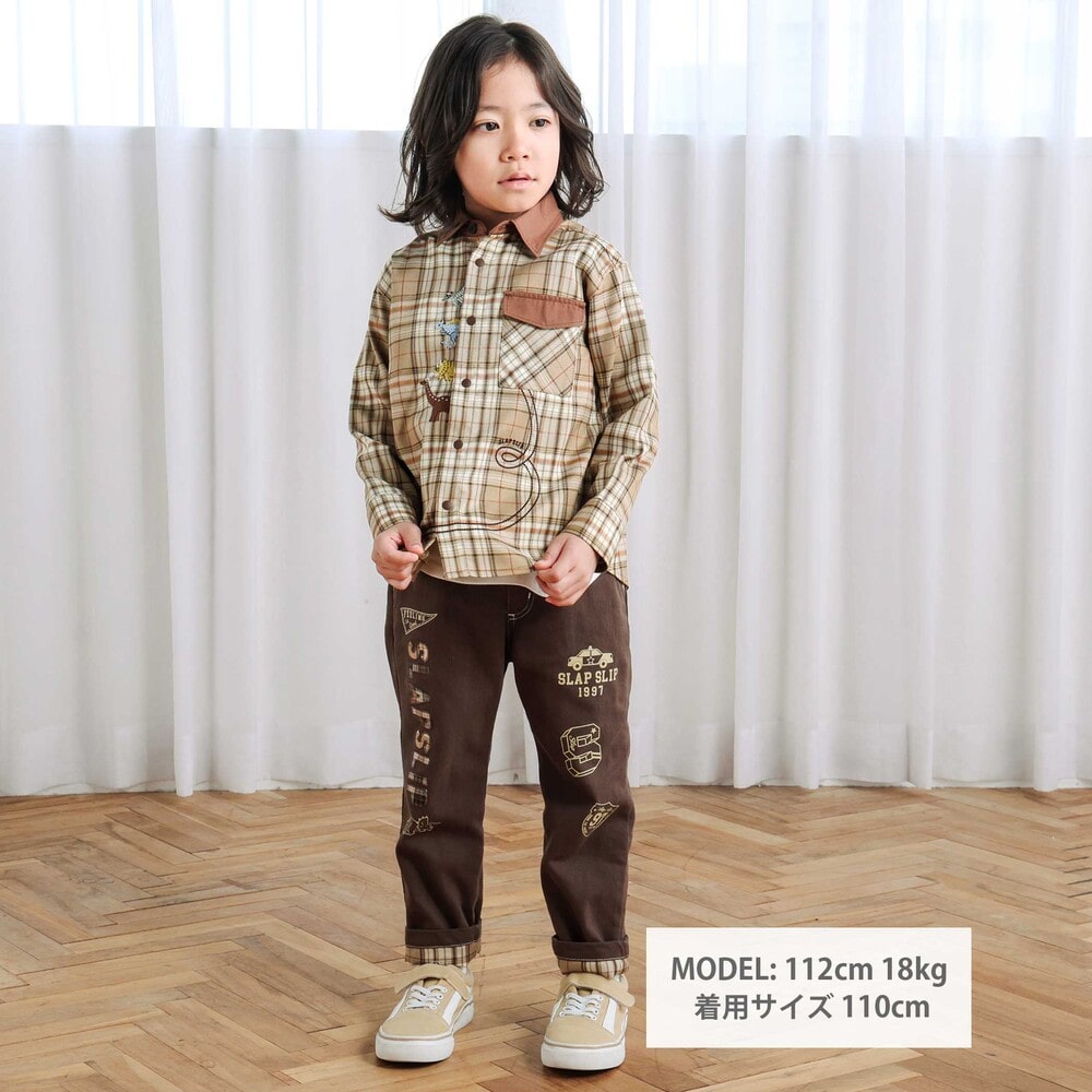 【お揃い】フロント恐竜モチーフ刺しゅうチェックシャツ(80~130cm) ベージュ系 80cm
