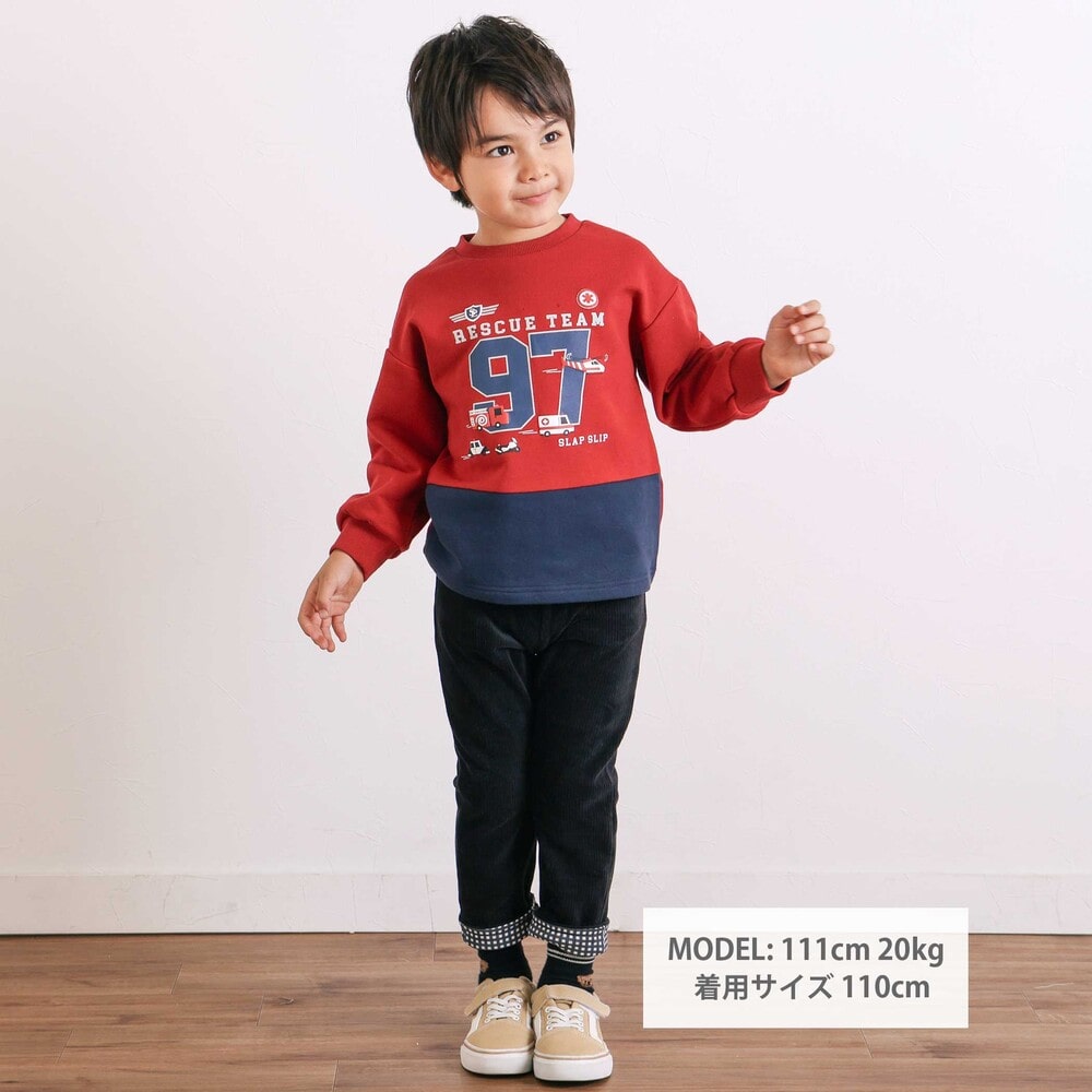 はたらくくるま発泡プリント星パッチナンバリングバイカラートレーナー(80~130cm) レッド×ネイビー 80cm