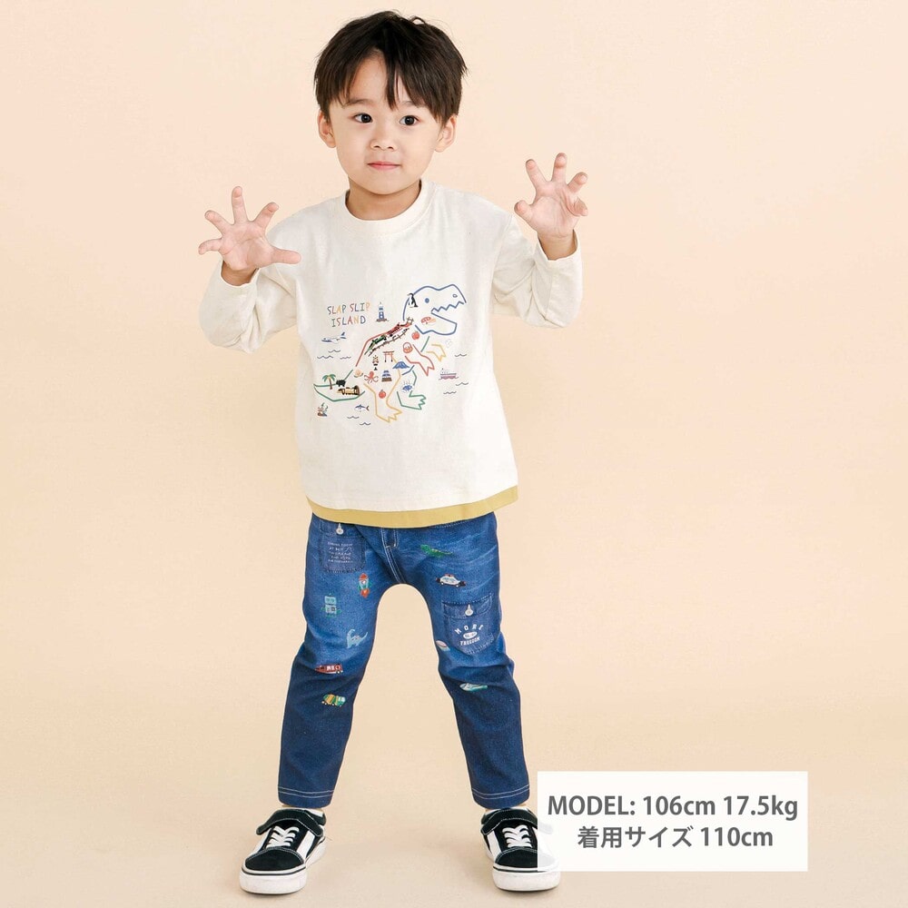 モチーフプリントパンツ(80~120cm) ネイビー系(くるま、恐竜) 80cm