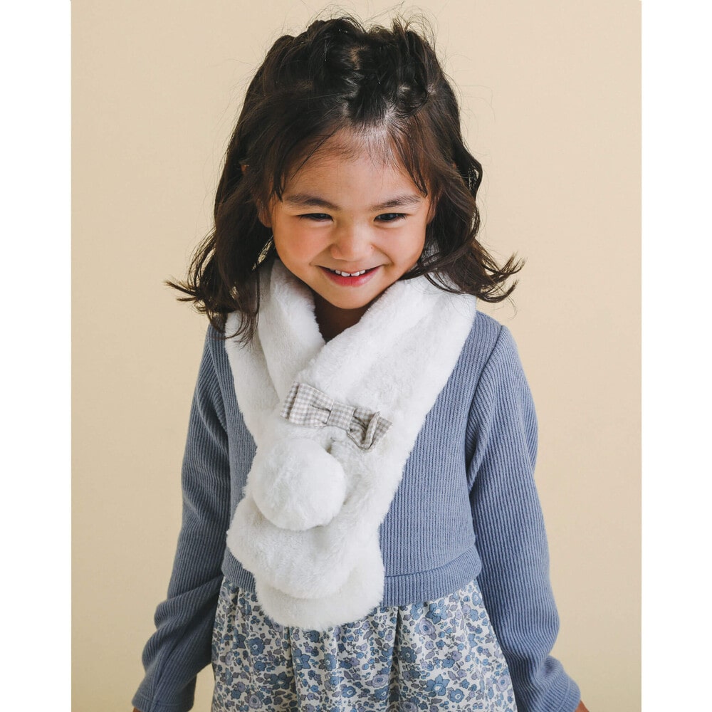 うさぎ くま ネコ アニマル ファー リボン マフラー オフホワイト ワンサイズ