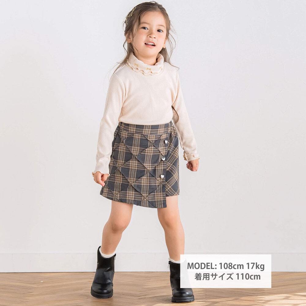 リボン刺しゅうヒラヒラ折り返し襟ハイネックTシャツ(80~140cm) グレー 80cm