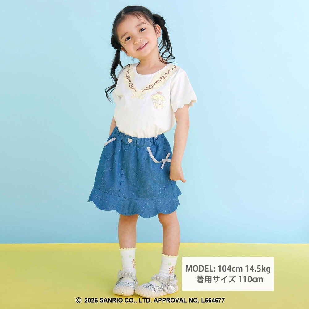 【シナモロール/ポムポムプリン×SLAPSLIP】袖スカラップ耳付きセーラー襟風Tシャツ(90~130cm) オフホワイト 90cm