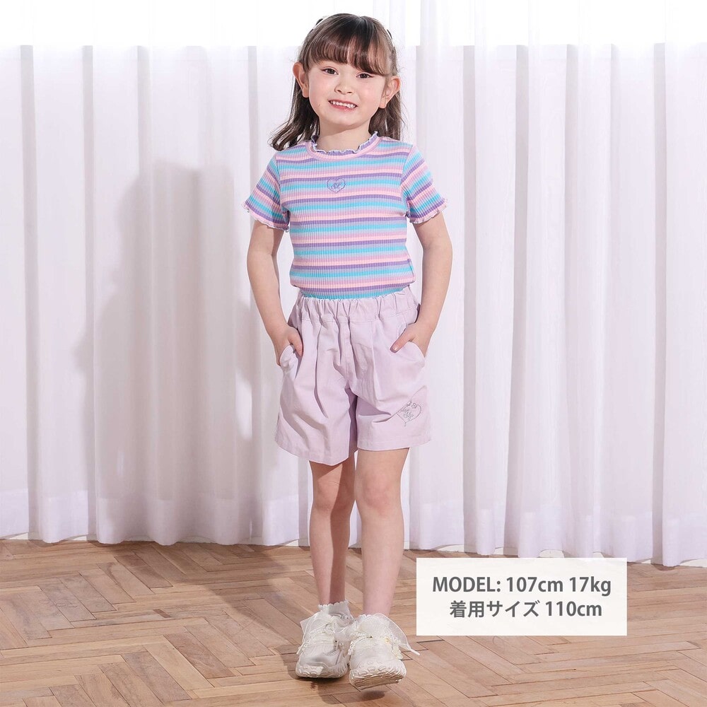 ボーダー&花柄テレコ半袖Tシャツ(80~130cm) パープル系 80cm