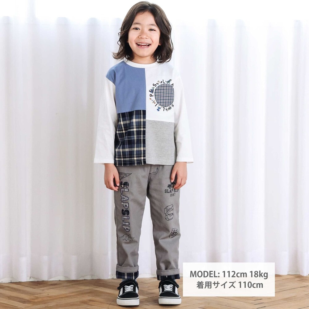【お揃い】モチーフ刺しゅうチェック切り替え長袖Tシャツ(80~130cm) オフホワイト 80cm