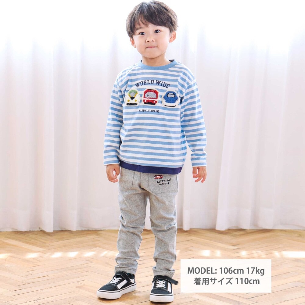 電車モチーフサガラ刺しゅうボーダー柄長袖Tシャツ(80~130cm) ブルー系 80cm