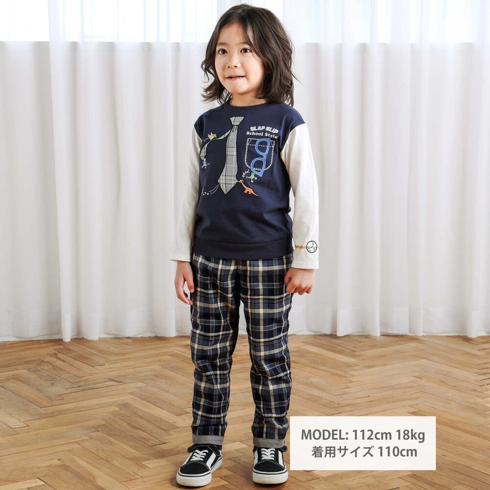 ネクタイメガネパッチ袖切り替え長袖Tシャツ(80~130cm) ネイビー 80cm