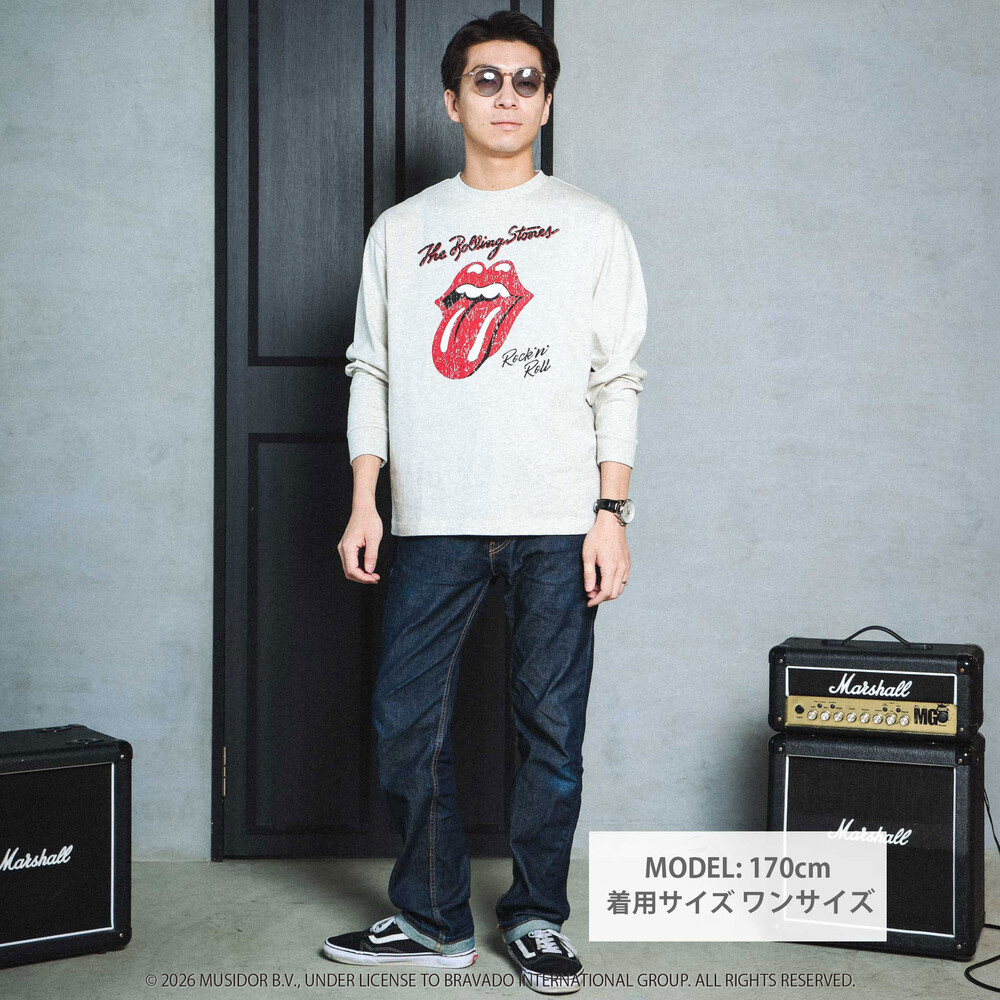 【ザ・ローリング・ストーンズxSLAP】フロントxバックロゴプリント長袖Tシャツ大人 オフホワイト ワンサイズ