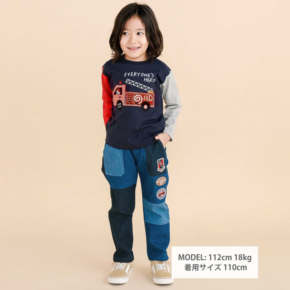 乗り物プリント袖切り替え長袖Tシャツ(80~130cm) ネイビー 80cm