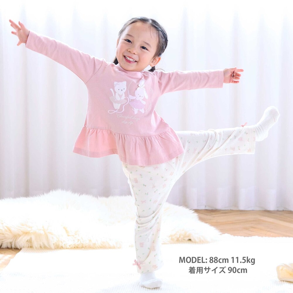 【スララク/防汚加工/オーガニックコットン】ときめきデザイン女の子長袖Tシャツ(80~130cm) ブラックドット×チェリー刺しゅう 80cm