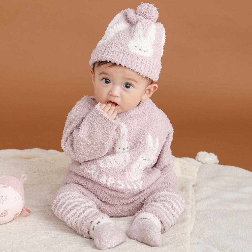 【ウサギ&ひつじモチーフ】耳付きブークレニット帽子ベビー(44~48cm) ピンク ワンサイズ