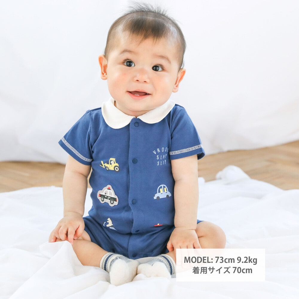 襟付きアニマルくるまプリント半袖ロンパースベビー(60~80cm)(60cm ネイビー): 新生児/ベビー【女の子 ・男の子の子ども服と言えば】襟付きアニマルくるまプリント半袖ロンパースベビー(60~80cm)(60cm ネイビー): 新生児/ベビー【女の子・男の子の子ども服と言えば】-子供  ...