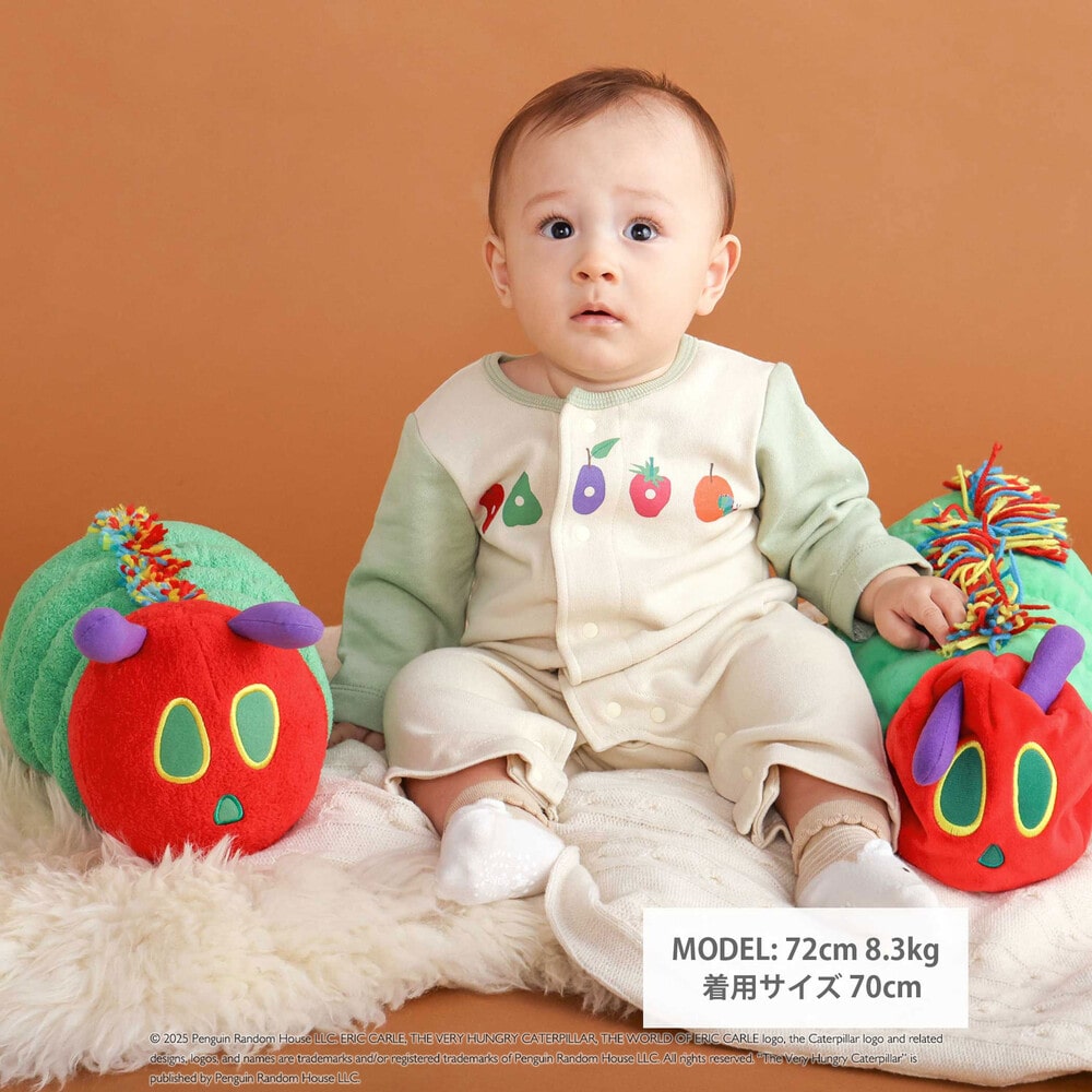 【絵本コラボ-はらぺこあおむし-】袖配色おしりパッチカバーオール(70~80cm) グリーン(リンゴ) 70cm