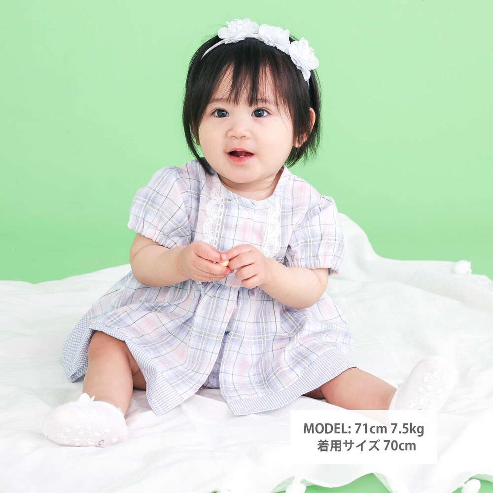 【お揃い】リボン付きマドラスチェックカバーオールベビー(70~80cm) ブルー系 70cm