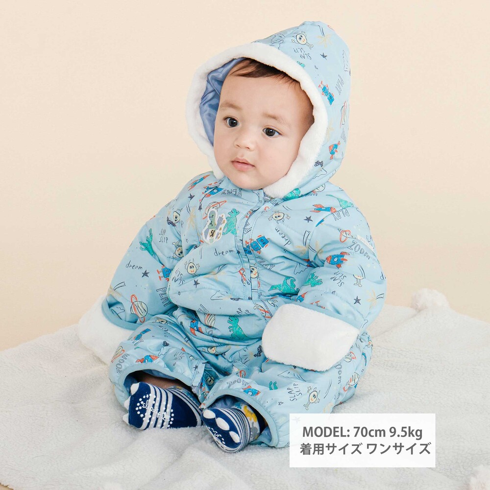総柄フード付きバギーオールベビー(50~80cm) ブルー系 ワンサイズ