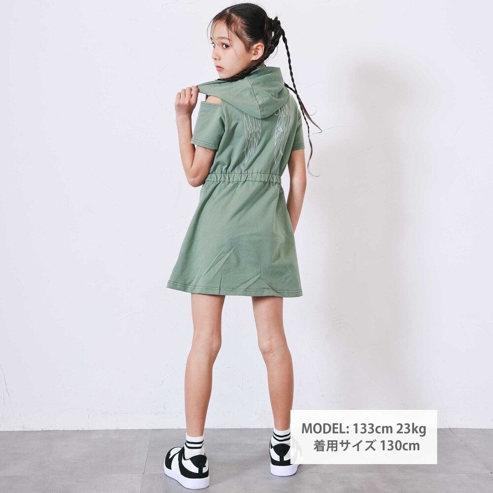 フルジップ肩あきフードワンピース(110~150cm) グリーン 110cm