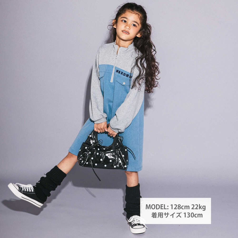 ハーフジップデニム裏毛切り替えワンピース(110~150cm) グレー 110cm