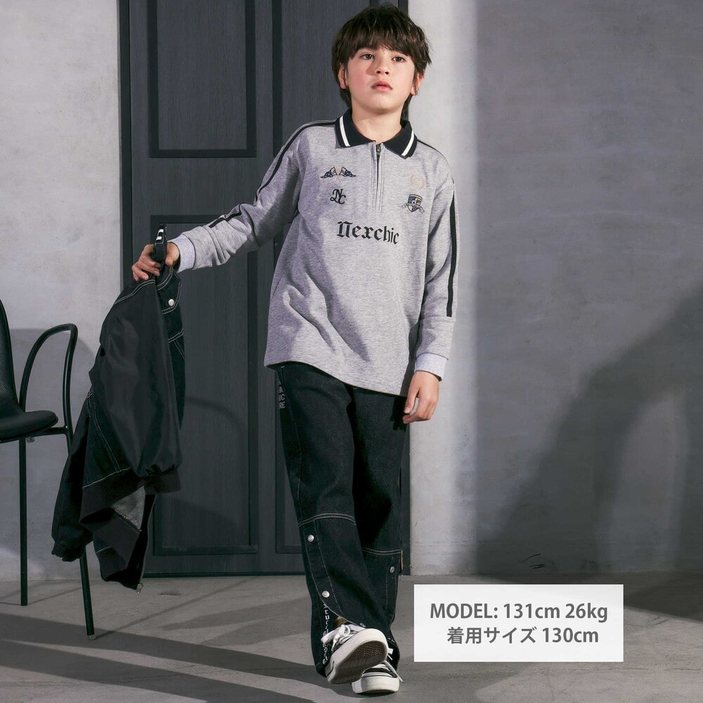 ミニ裏毛ハーフジップロゴ刺しゅうポロシャツ(110~150cm) グレー 110cm