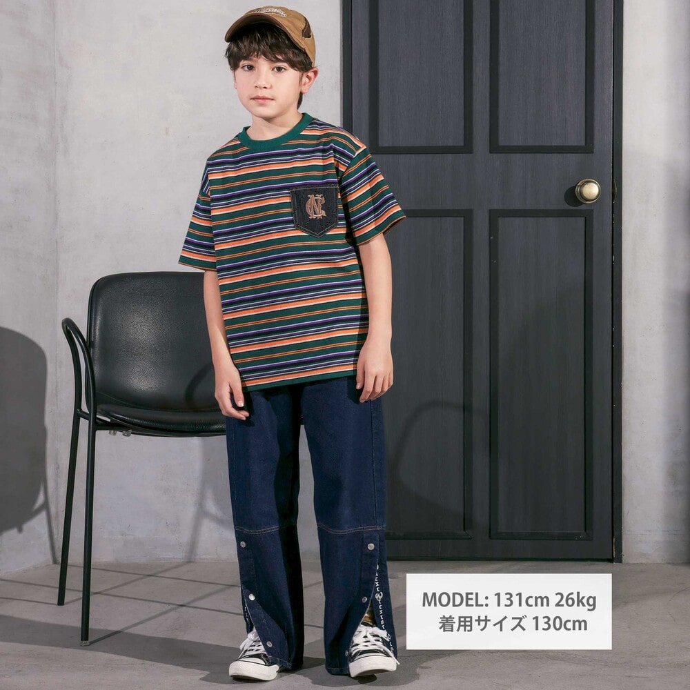 ボタンスリット開きワイドデニムパンツ(110~150cm) ネイビー 110cm