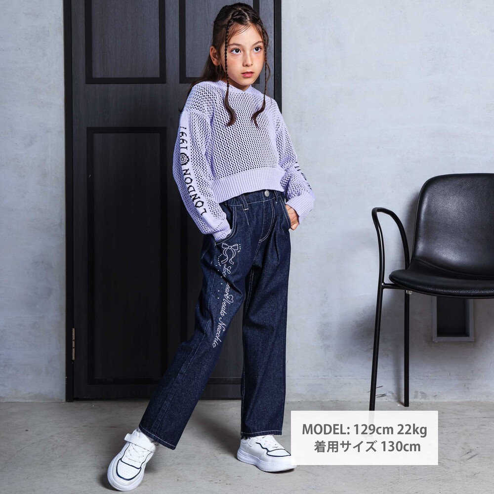 リボン刺しゅうラインストーンストレートデニムパンツ(110~150cm) ネイビー 110cm