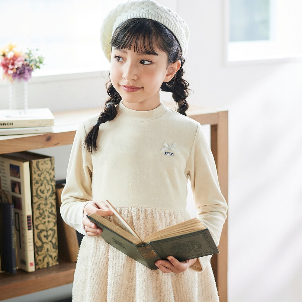 ベロア×ファンシーヤーン切り替えハイネックバルーンワンピース(90~140cm) ピンク 90cm