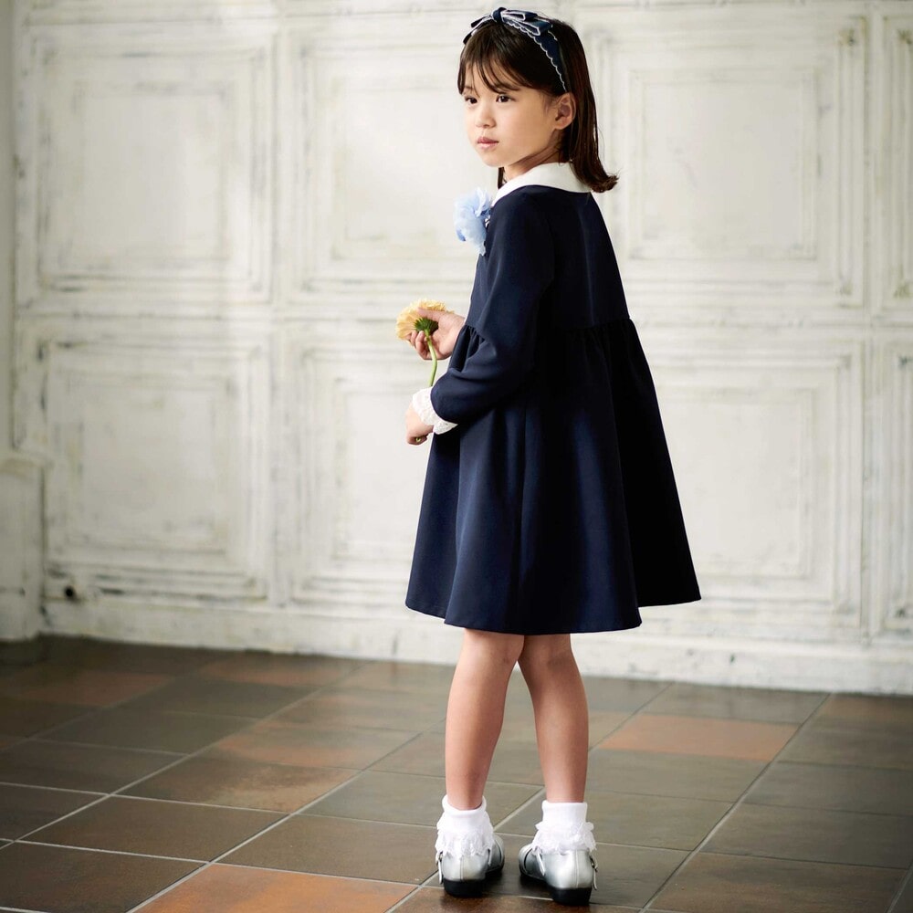 ダブルクロス3way付け襟長袖ギャザーワンピース(110~130cm) ネイビー 110cm