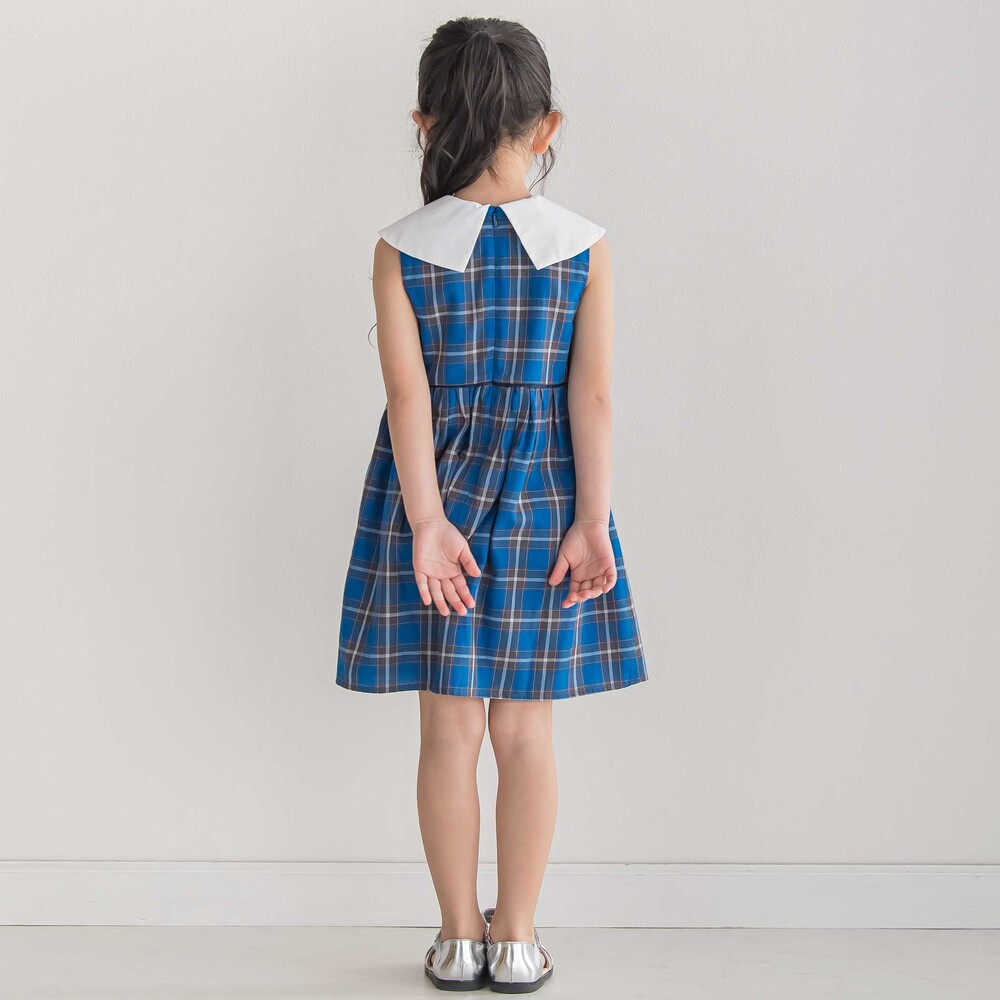 【お揃い】【神戸タータン×BeBe】BIGカラーチェックギャザーワンピース(90~150cm) ブルー系 90cm