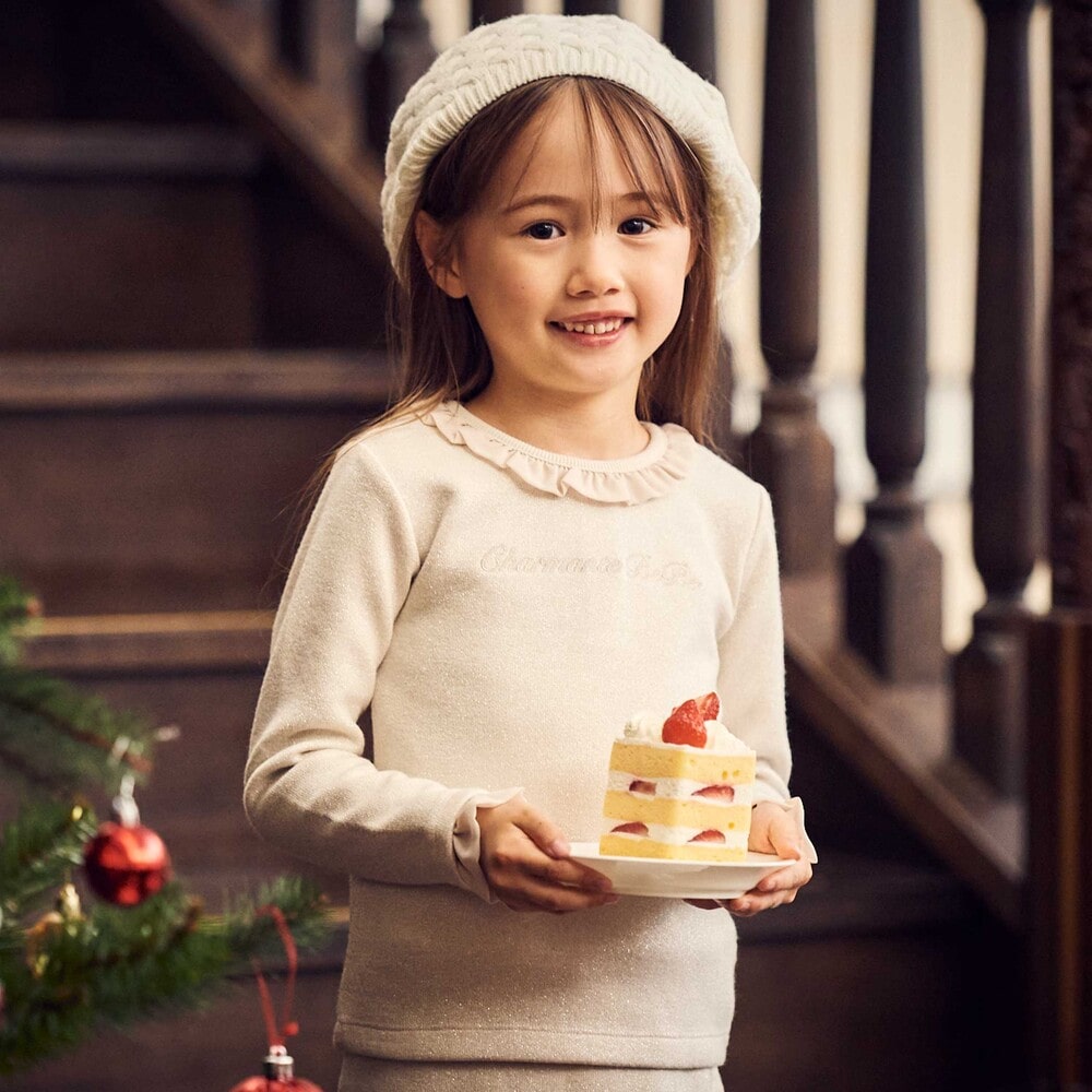 ラメニットフリルトップス+スカート セットアップ(100~140cm) ベージュ 100cm