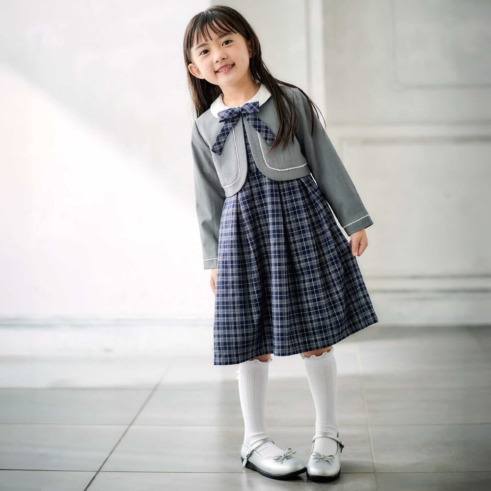 ボレロ+リボンタイ付きチェックワンピースセット(110~130cm) ネイビー系 110cm