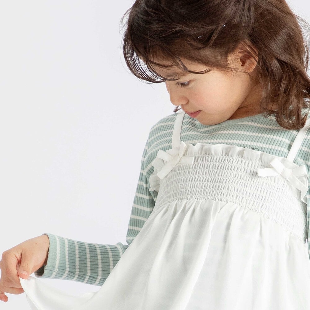 ラメジョーゼットシャーリングキャミ+リブボーダー長袖Tシャツセット(90~160cm) ホワイト 90cm