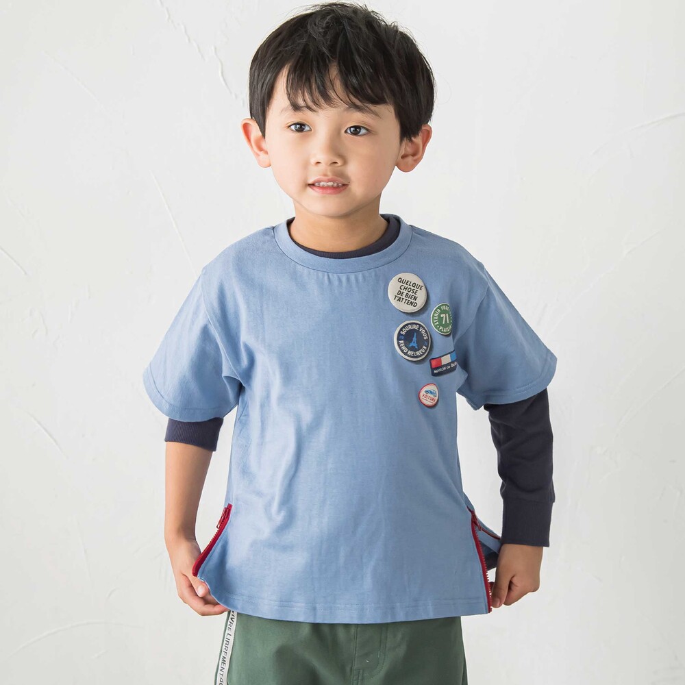 缶バッジ風立体プリント半袖Tシャツ+ロゴ長袖Tシャツ セット(90~160cm) ブルー 90cm