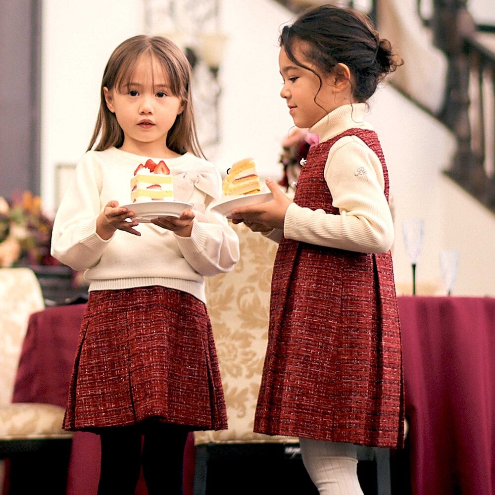 【お揃い】エタンセルラメツイードプリーツジャンパースカート(100~150cm) レッド系 100cm