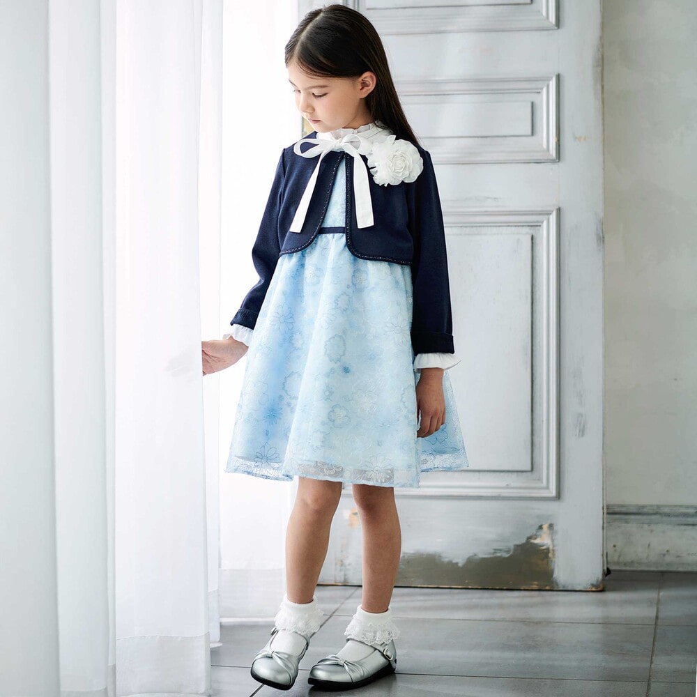 【日本製】オーガンジーフラワー刺しゅうドレス(110~130cm) ベージュ系 110cm