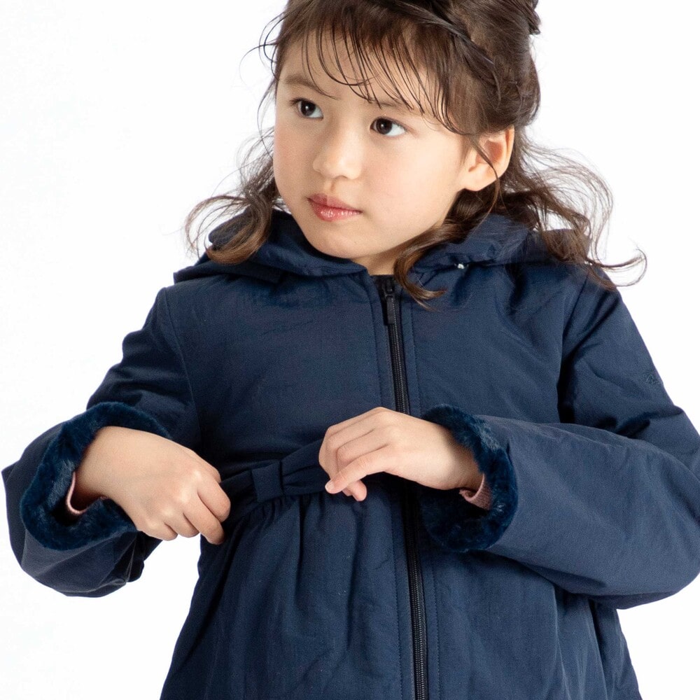 【撥水加工】ヴィンテージタフタ裏ファー裾フリルフードブルゾン(80~150cm) ネイビー 100cm