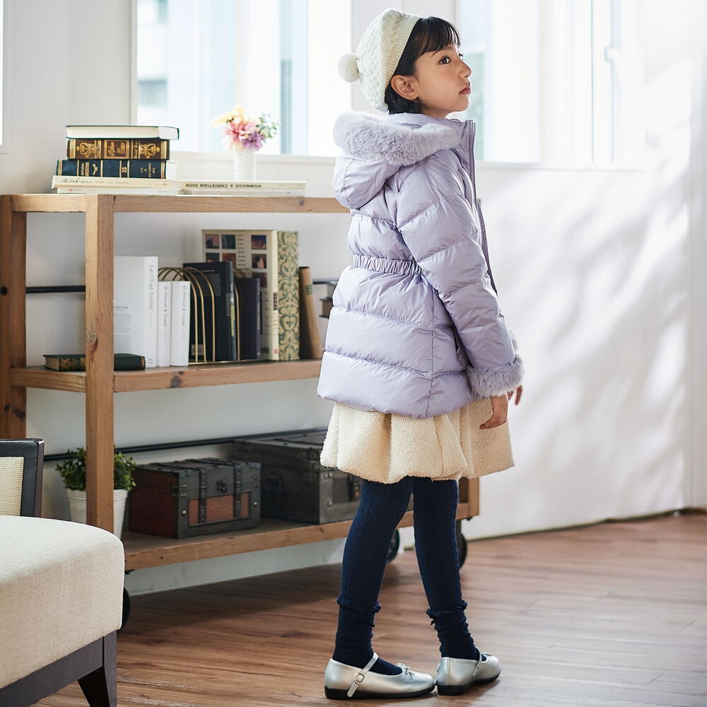 【撥水加工】シャイニータフタウエスト切り替えシャギーファーフードダウンコート(90~150cm) ピンク 90cm