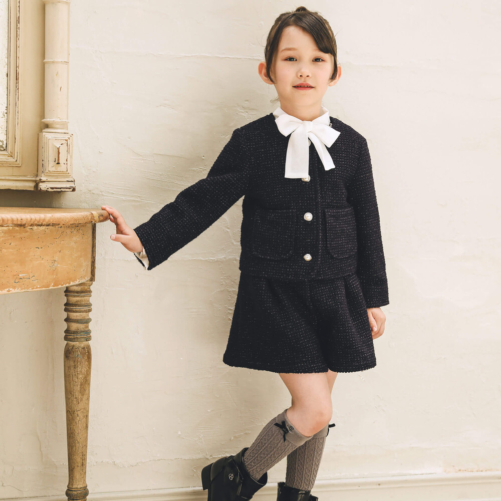 【お揃い】ラメボアパールボタンノーカラージャケット(100~160cm) ネイビー 100cm