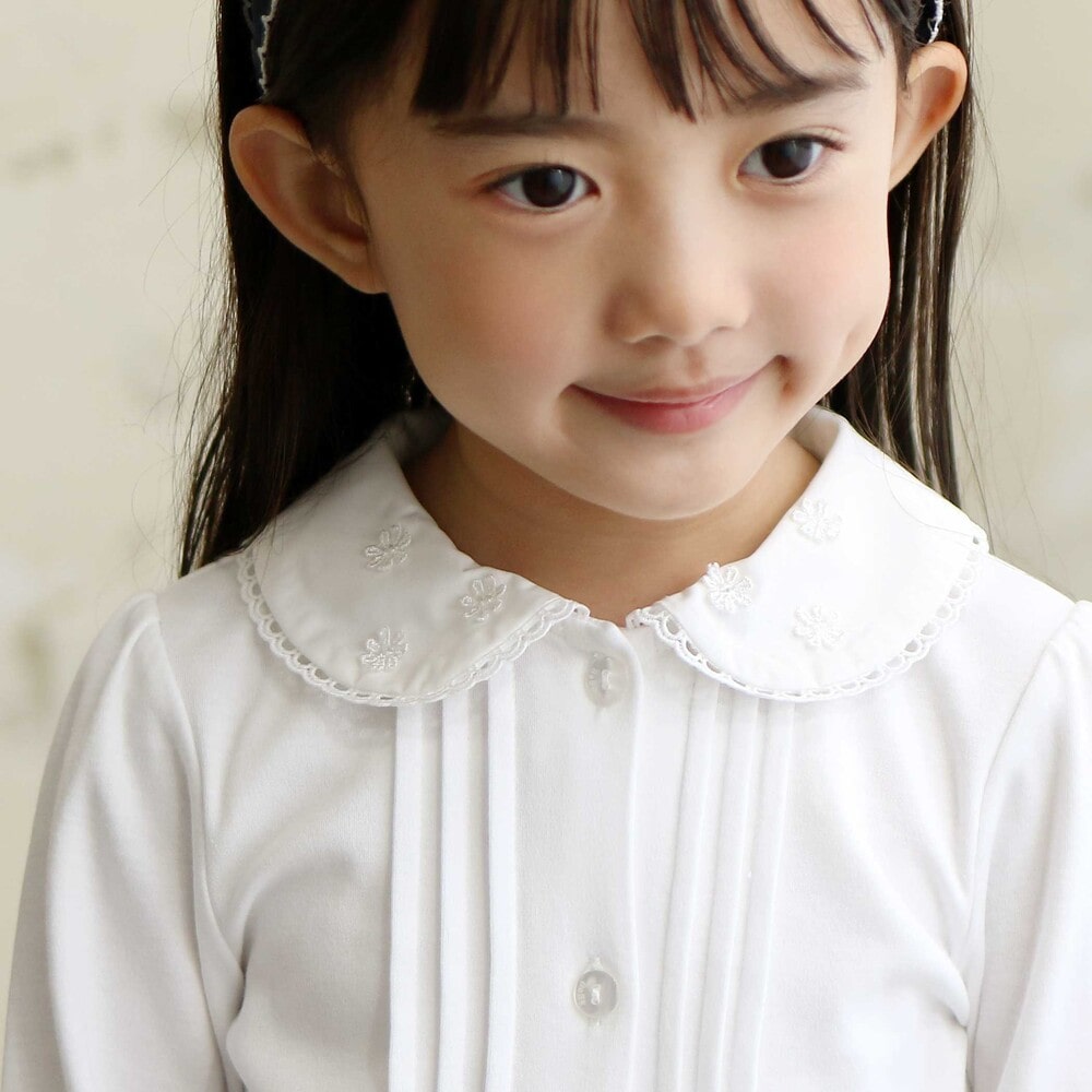 花レース丸襟フロントタックスムース長袖ブラウス(90~140cm) ホワイト 90cm