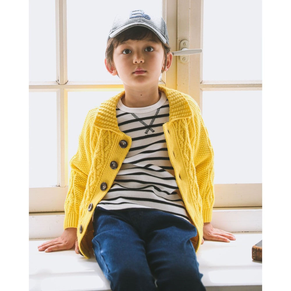 ワッフル コットン ロング スリーブ ボーダー Tシャツ(100cm~140cm) グレー系 130cm