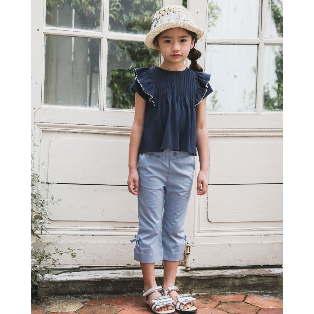肩 フリル ピーコット 刺繍 A ライン Tシャツ(90~150cm) パープル 140cm