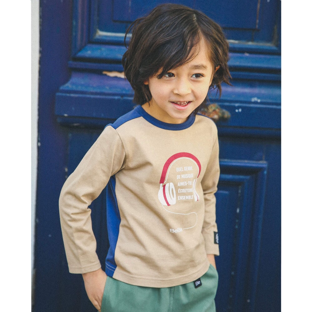 ヘッドフォン ロゴ プリント 配色 Tシャツ (80~150cm) ベージュ 110cm