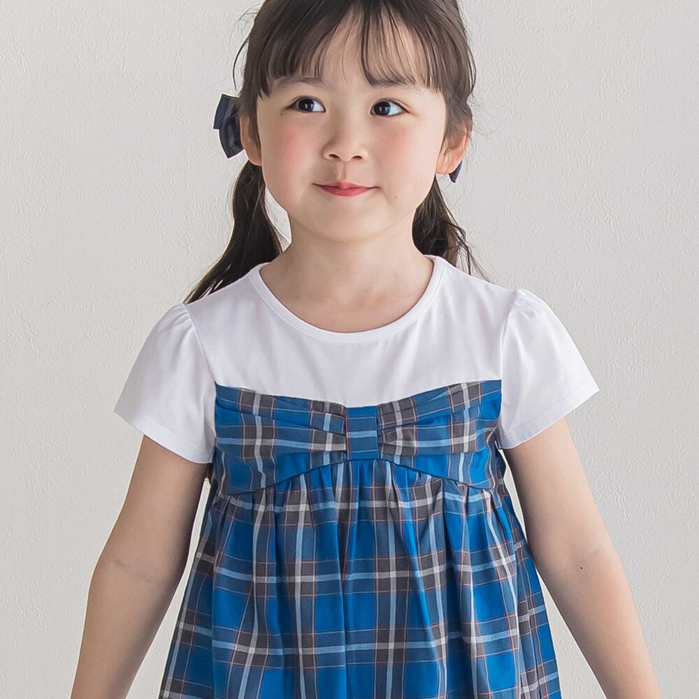 【お揃い】【神戸タータン×BeBe】チェックビスチェドッキング半袖Tシャツ(90~150cm) ブルー系 90cm