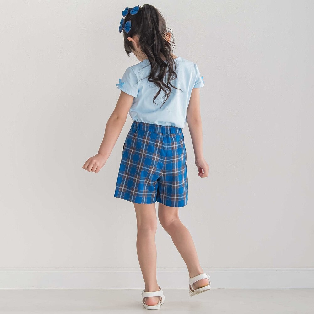 【お揃い】【神戸タータン×BeBe】チェックハートパッチ半袖Tシャツ(90~160cm) ブルー 90cm